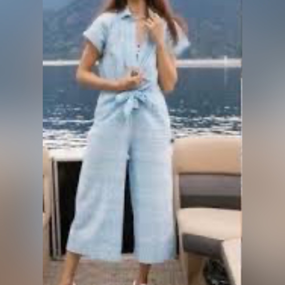 Smash + Tess SZ M Searsucker Light Blue Jumpsuit Tie Waist Wide Leg Pockets